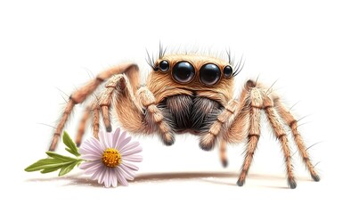 Close-up of a cute jumping spider near a daisy.
