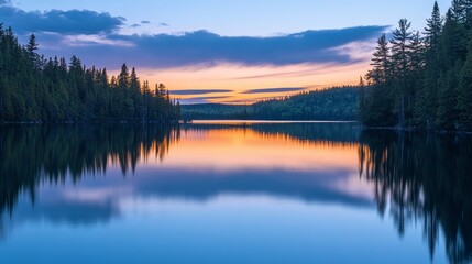 A serene lake at sunset, reflecting trees and colorful skies, creating a peaceful atmosphere.