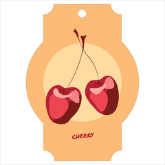 illustration of an orange-and-cream label with the word “cherry” and an image of two cherries