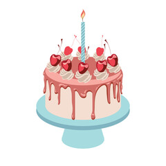 illustration of a cake with a burning candle, chocolate, whipped cream, and cherries on a blue stand