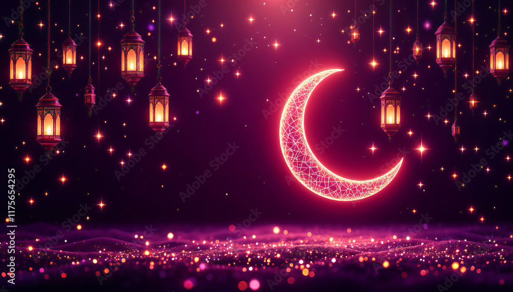 Wall mural a glowing crescent moon with a wireframe design in vibrant pink, surrounded by twinkling stars and f