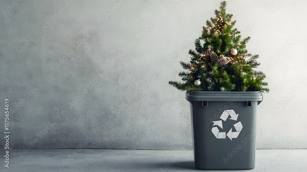 Poster banner with christmas tree in gray trash bin with recycling sign on light gray background with space