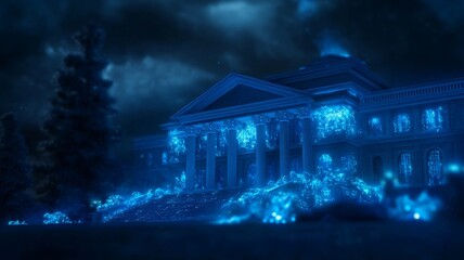 A futuristic university campus with glowing blue lights and architecture