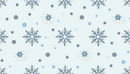 repeating pattern of light blue snowflakes and dots on a pale blue background