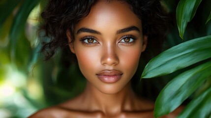 Fototapeta premium A close-up portrait of a woman surrounded by lush green foliage.