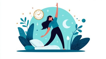 Obraz premium A woman stretching in bed surrounded by a calming environment.