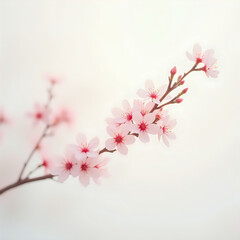 A close-up of a branch with pink cherry blossoms against a light background.