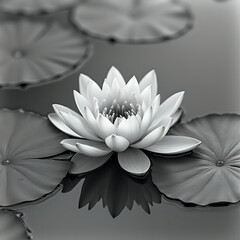 A black and white image featuring a white lotus flower at the center, with water lilies in the background, all reflected in the water.