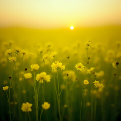 The image captures a serene field of yellow daisies with the sun peeking through the horizon in the background.