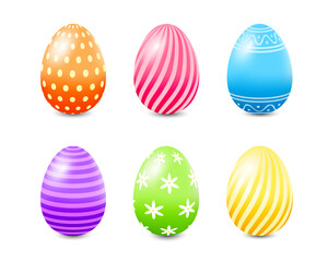 Set of colorful bright 3D realistic Easter eggs with geometric and floral patterns. Isolated vector illustration