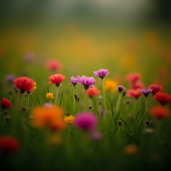 Naklejka premium A blurred field of vibrant wildflowers in various shades of red, orange, yellow, and purple against a green background.