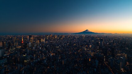 Naklejka premium Stunning sunrise over Tokyo skyline with Mount Fuji in the distance.