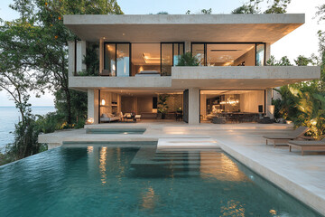 Fototapeta premium Modern Coastal Concrete House with Infinity Pool