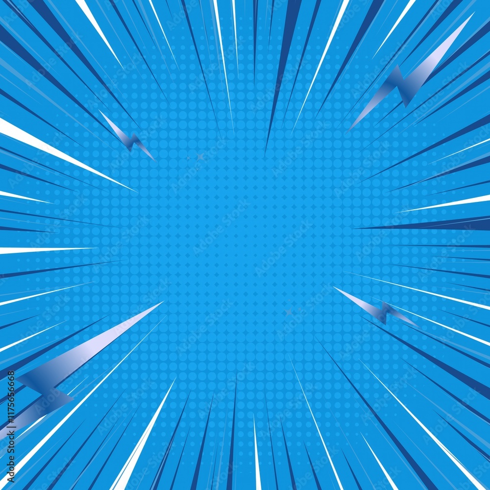 Poster Dynamic blue comic book background with halftone and radial speed lines. Perfect for action scenes. 