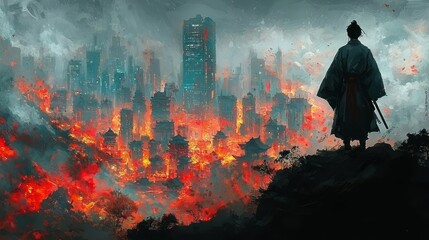 Samurai Witnessing a Burning Cityscape