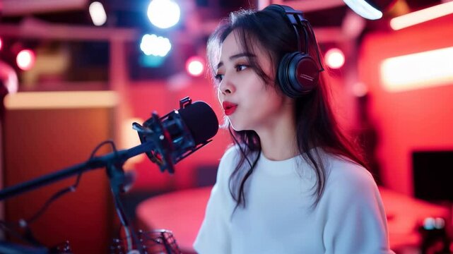 Chanteuse asiatique en studio d'enregistrement en train de chanter.