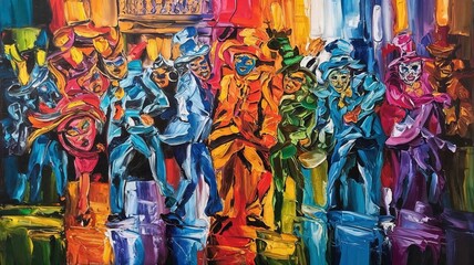 Vibrant carnival revelers in colorful costumes dancing energetically with expressive faces in an artful composition

