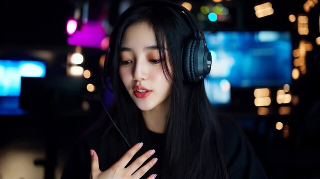 Streameuse, joueuse, gamer ou service support avec un casque et un micro en train de parler dans un bureau high tech.