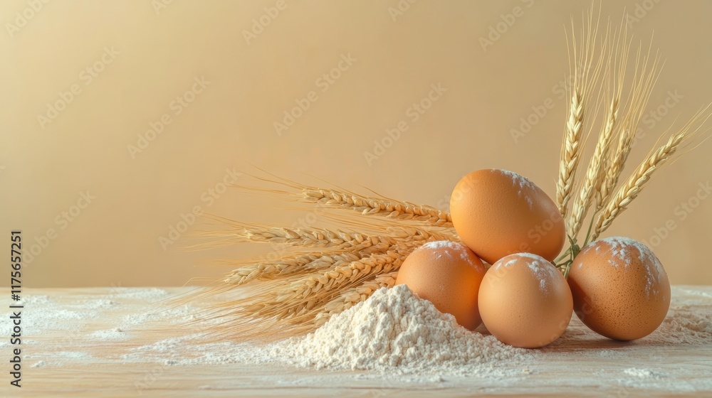 Poster wheat ears are laying on a wooden table next to a pile of flour and some eggs, creating a cozy bakin