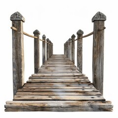 Obraz premium Wooden pier with rope railings extending over a white background, creating a sense of journey and adventure