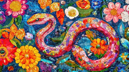 Intricate Mosaic of a Vibrant Coiling Snake