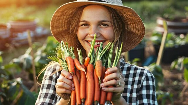 a female farmer holds a carrot in her hands. Selective focus
