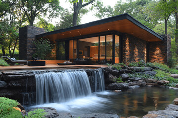 Modern Stone House Waterfall Backyard Oasis