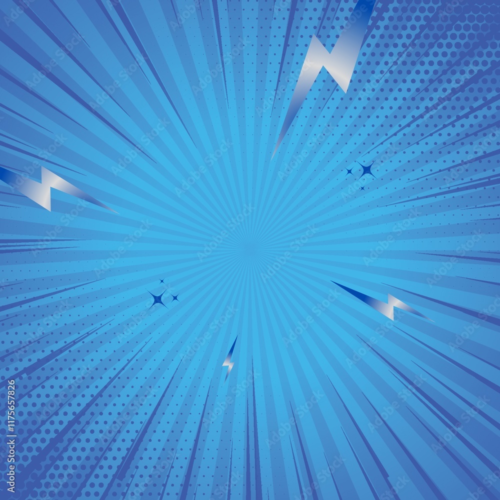 Poster Dynamic blue comic book background with halftone and radial speed lines. Perfect for action scenes. 