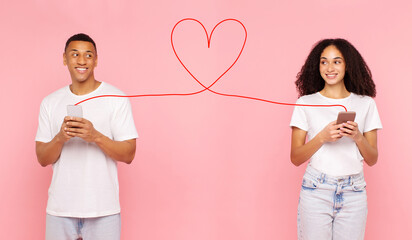 Happy Latin man and woman communicating in dating application, texting on smartphones connected...