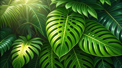 Close-Up of Tropical Rainforest Foliage with Sunlit Glossy Leaves and Lush Green Patterns 