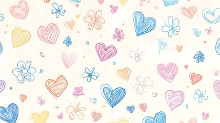 A subtle love doodles background, featuring hand-drawn hearts, flowers, and sweet little designs in soft pastel colors