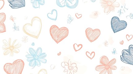 A subtle love doodles background, featuring hand-drawn hearts, flowers, and sweet little designs in...