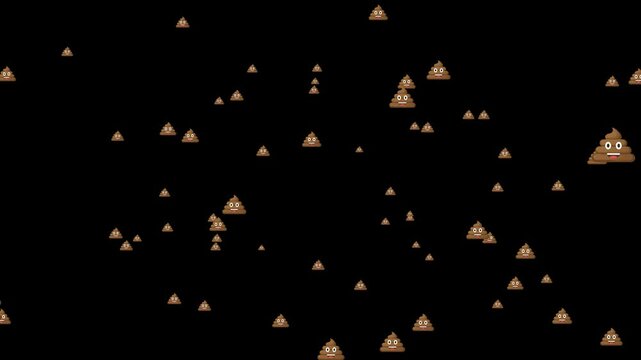 Flat poop emoji icons with cute and cheerful expressions, floating and gently moving across a pitch-black background, perfect for playful animations.