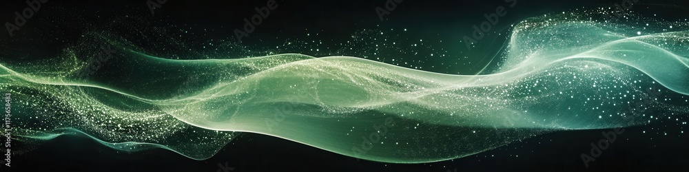 Poster abstract light waves in green and white, flowing lines create a dynamic contrast against a deep blac