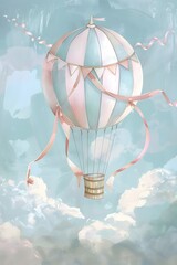 Whimsical Hot Air Balloon Floating Through Dreamy Cloudy Sky Evoking Adventure Imagination and Boundless Possibilities