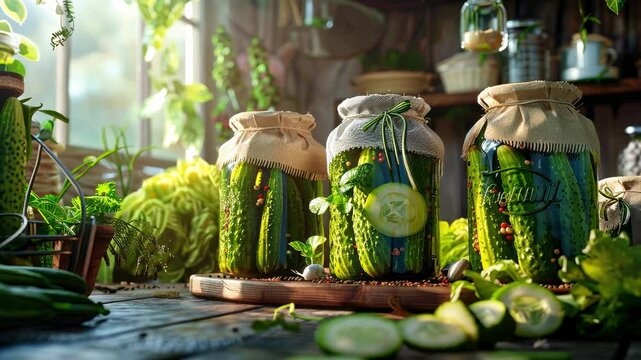 canning cucumbers on the table. Selective focus