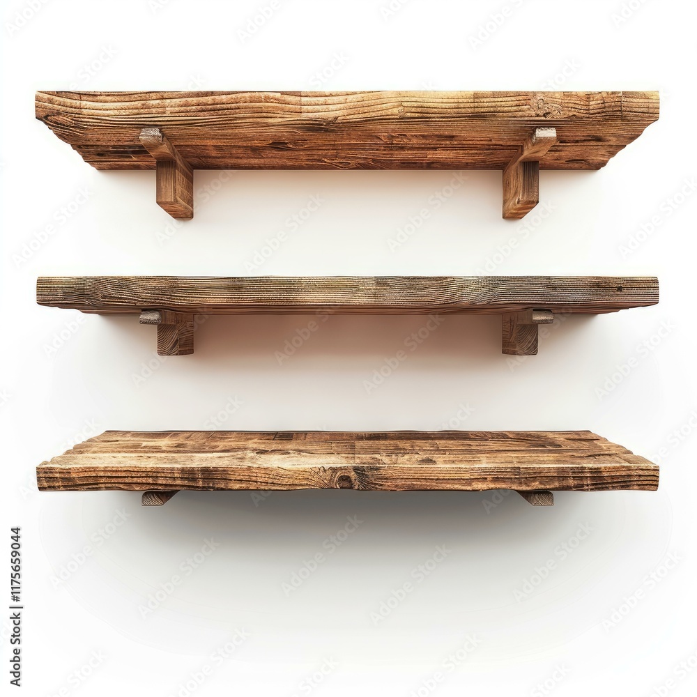 Poster three empty rustic wooden shelves with supports are hanging on a white wall, creating a simple and s