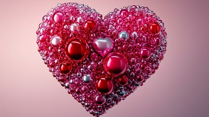A shiny 3D heart made from glass and metallic spheres in vibrant red and pink tones, perfect for creating a stylish Valentine's Day design