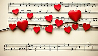 Red hearts on music sheets. Romantic love theme