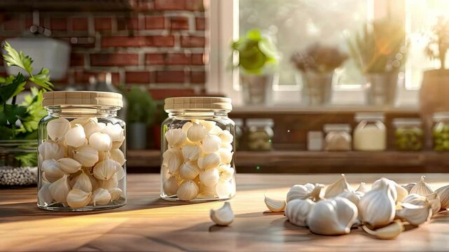 canning garlic on the table. Selective focus