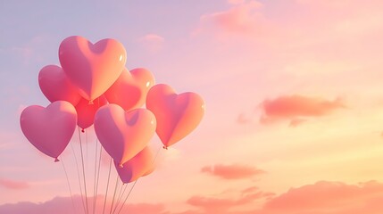 A serene, pastel-colored sky with heart-shaped balloons drifting gracefully, ideal for a Valentineâ€™s Day invitation or discount voucher design
