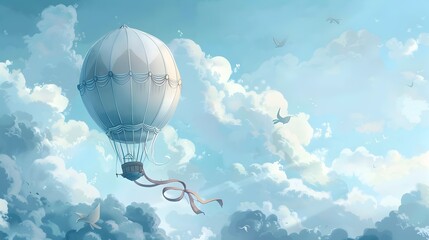 Majestic Hot Air Balloon Drifting Through Ethereal Clouds in Serene Blue Sky Symbolizing Adventure and the Pursuit of Wanderlust