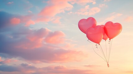 A serene, pastel-colored sky with heart-shaped balloons drifting gracefully, ideal for a Valentineâ€™s Day invitation or discount voucher design