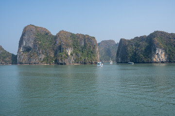 Halong Bay with limestone cliffs in the Gulf of Tonkin north of Hanoi in Halong Vietnam Asia