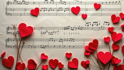 Red hearts on music sheet background. Romantic love music
