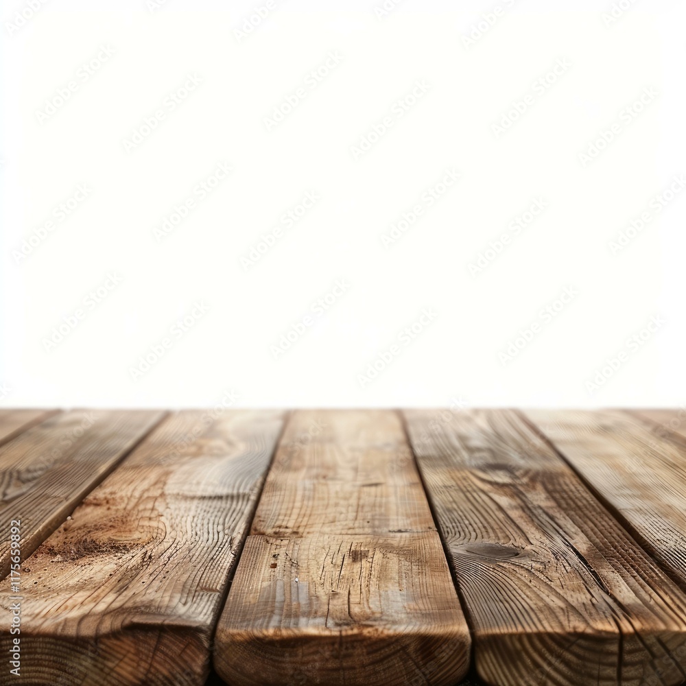 Poster rustic wooden table top on a white background, perfect for displaying products or creating a warm an
