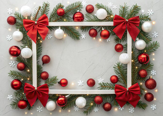 Christmas light frame decorated with red and white baubles, bows and fir branches. Copy space in the center