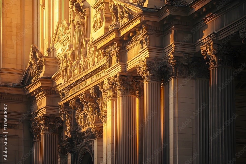 Poster golden hour architecture: intricate stone facade and classical columns