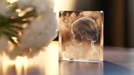Custom photo crystal with laser-engraved picture, sentimental gift, 3D illustration.