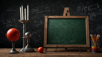 Chalkboard with written signs and numbers. Fictional retro mathematics and physics background. Study and learning idea. Science and education concept. With copy space.